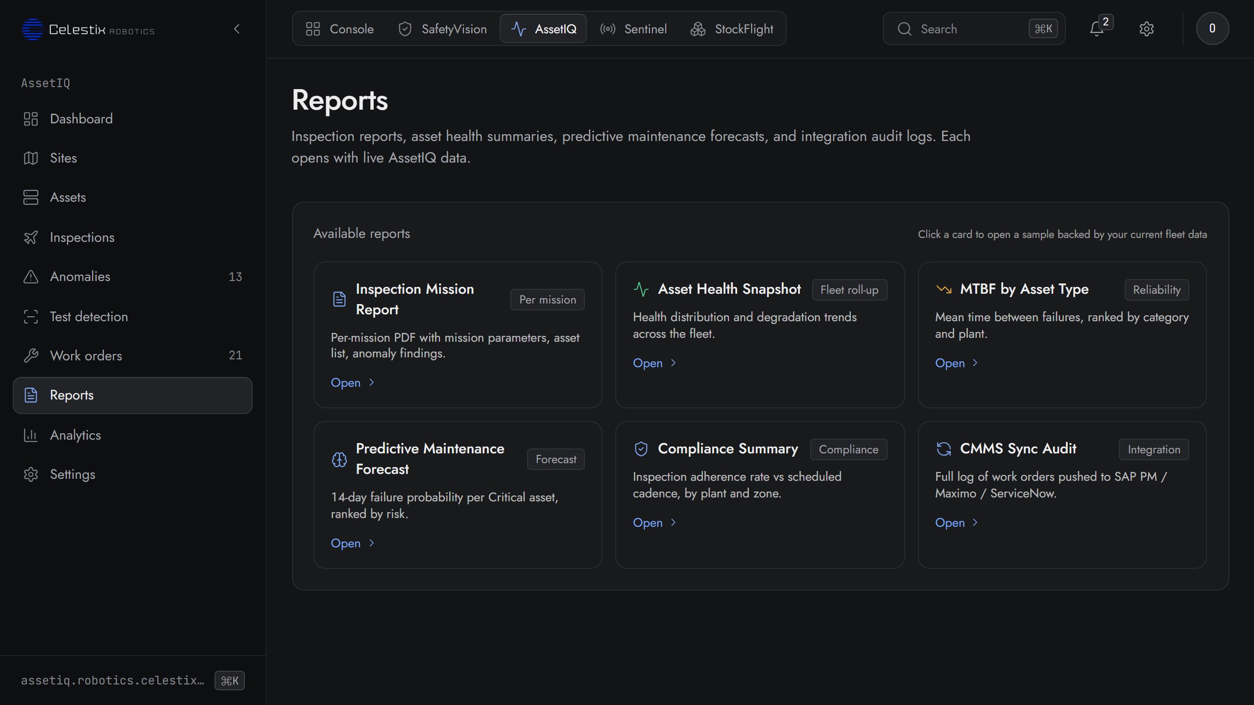 AssetIQ reports screen: inspection PDFs and CMMS sync logs