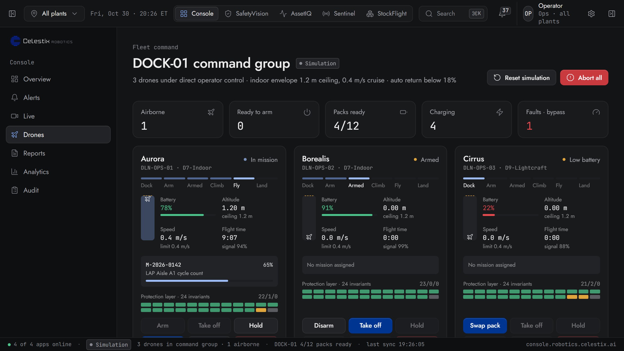 Console fleet ops: the DOCK-01 command group with per-drone state, battery and controls