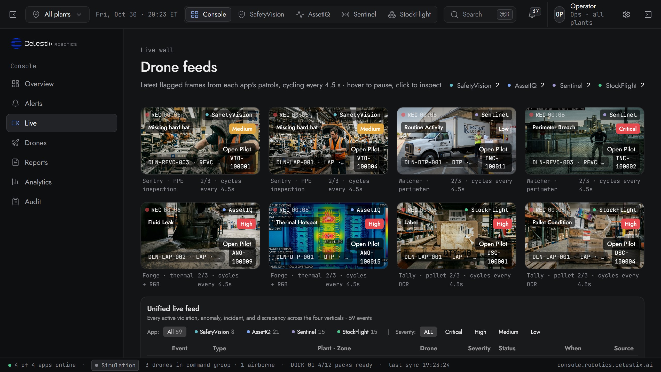 Console live wall: drone feed tiles from the four apps above the unified live feed
