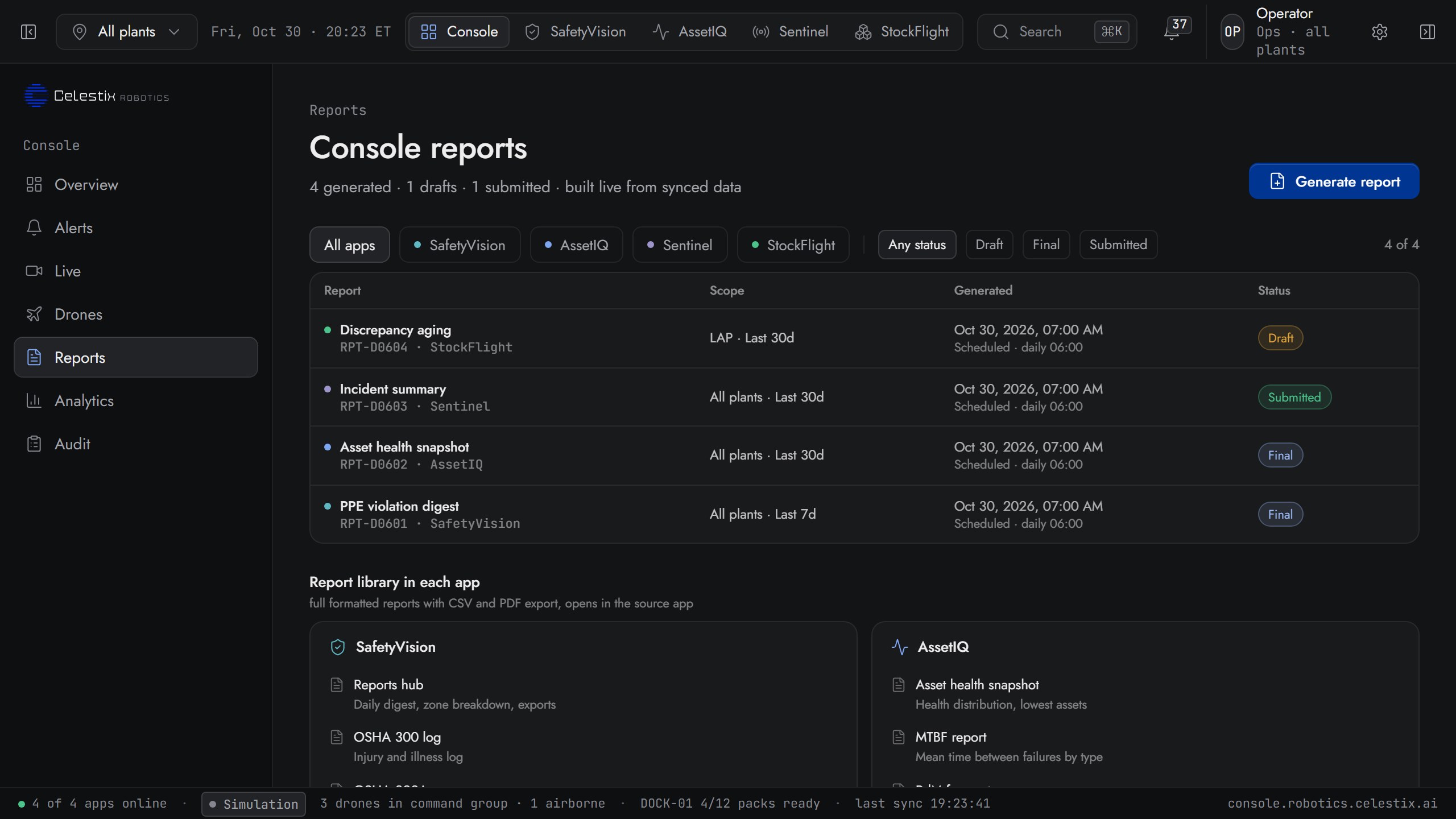 Console reports: generated reports and the report library for each app