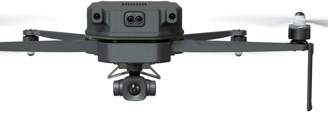 The Celestix Robotics drone, front view, camera gimbal under the body