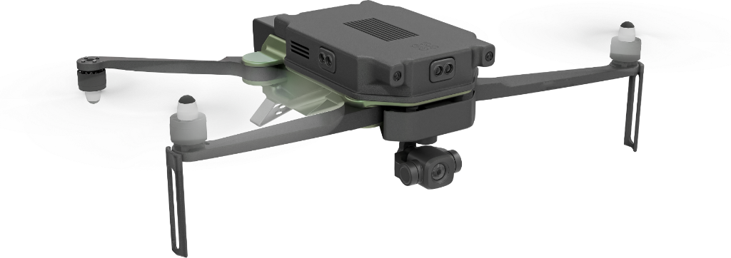 The Celestix Robotics drone in flight, rotors spinning, camera gimbal under the body