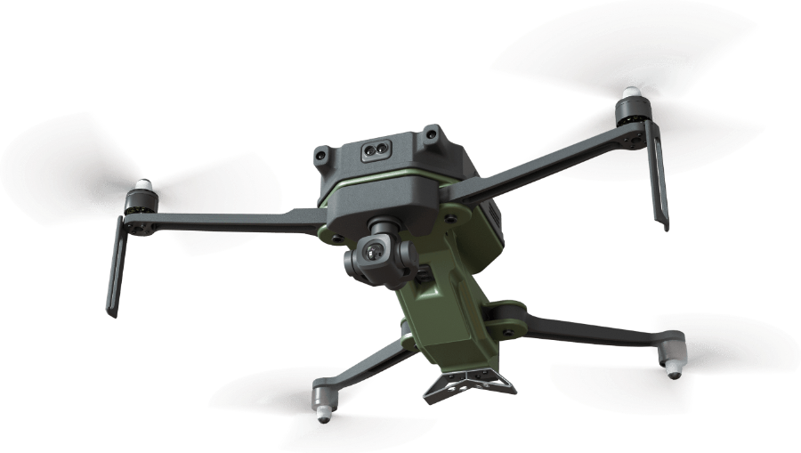The Celestix Robotics drone, three-quarter view from below, camera gimbal under the body