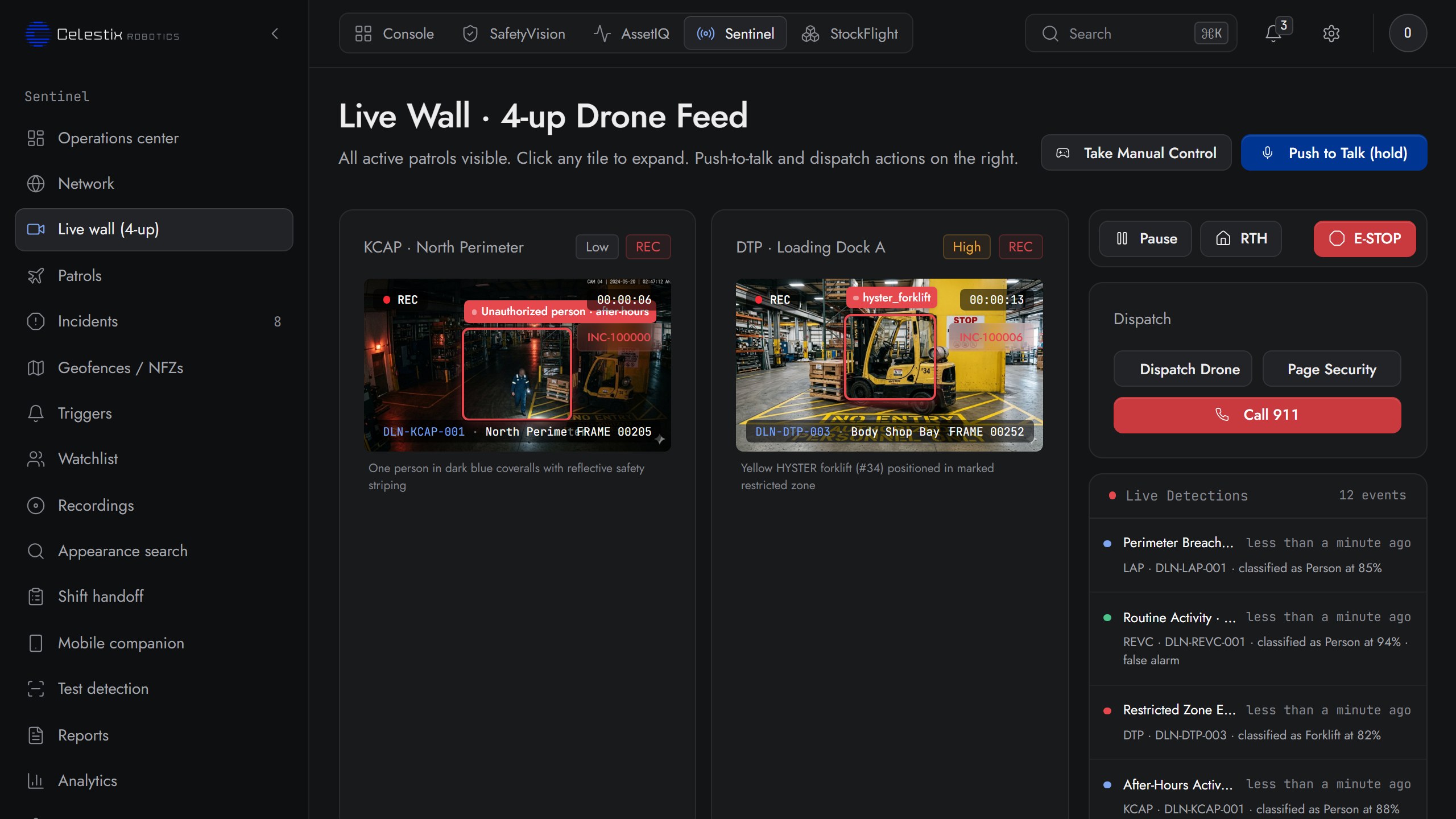 Sentinel live wall: four drone feeds at once with bounding boxes drawn on the edge