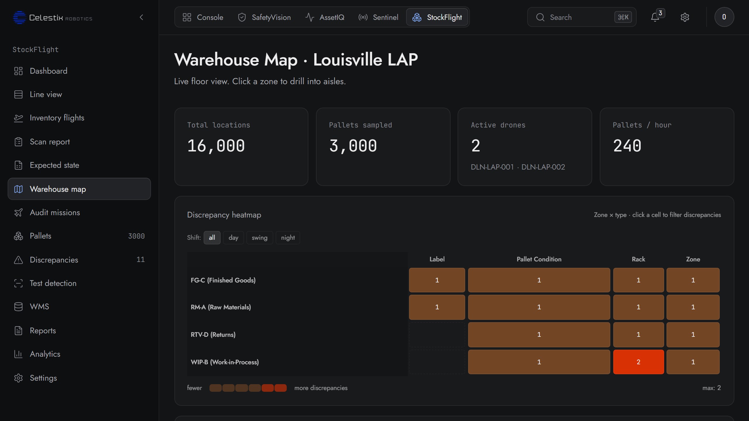 StockFlight floor map screen: the warehouse floor map with every aisle and zone the drone flies